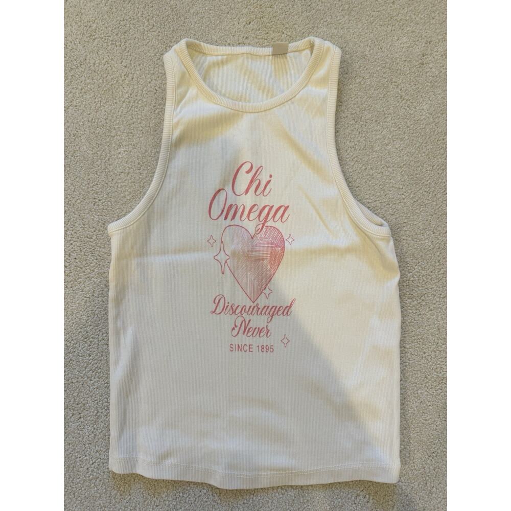 University Tees Chi Omega Sorority Cream Ribbed Knit Graphic Print Tank Top